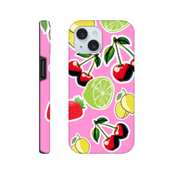 Pink iPhone case featuring a vibrant sticker effect pattern with cherries, limes, lemons, and strawberries on a bright background.