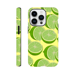 Tough green lime pattern iPhone case featuring fresh citrus slices on a yellow background for device protection.