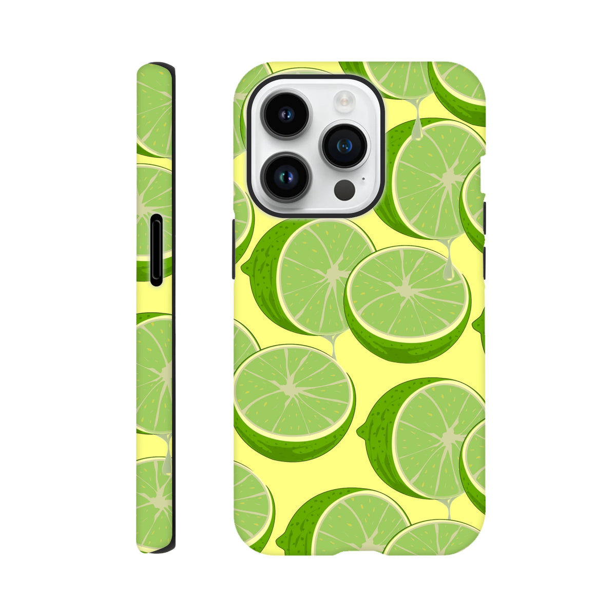 Tough green lime pattern iPhone case featuring fresh citrus slices on a yellow background for device protection.