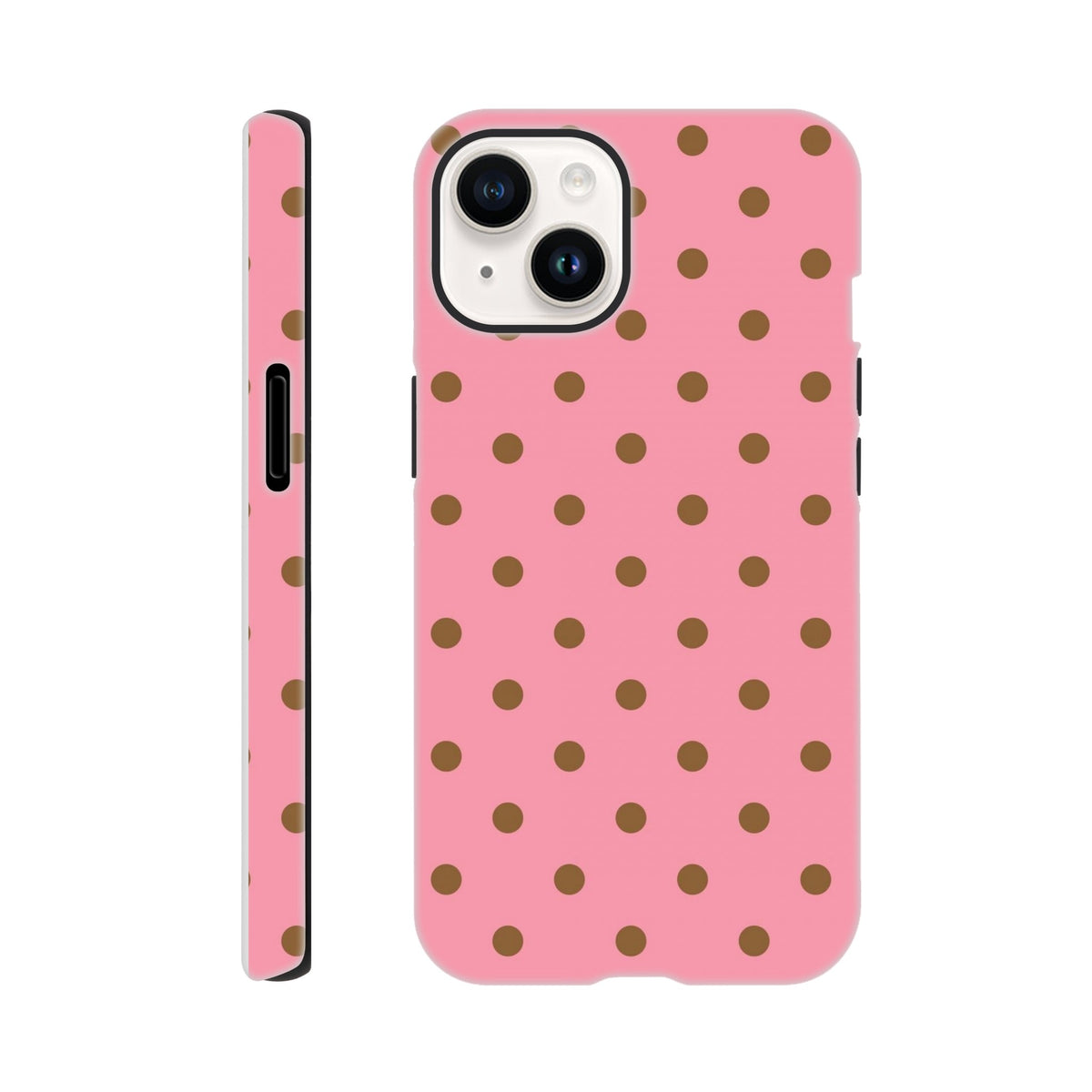 Pink & brown polka dot tough iPhone case with cute glossy design, shock-absorbing TPU protection for models 13-16.