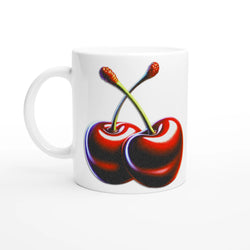 White ceramic mug featuring bold retro cherry artwork wrapping around.