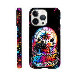Vibrant iPhone case featuring Urban Palm Trees RPM gauge art, colorful splatters, and bold Redline text wrapping around the back and sides.