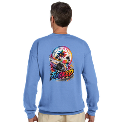 Back view of a blue Tucked Petrolhead sweatshirt featuring a lowered car, palm trees, and vibrant sunset graphic on the back.