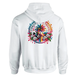 White hoodie featuring colorful tropical retro back print with 8-ball, dice, ace card, and palm tree graphic.