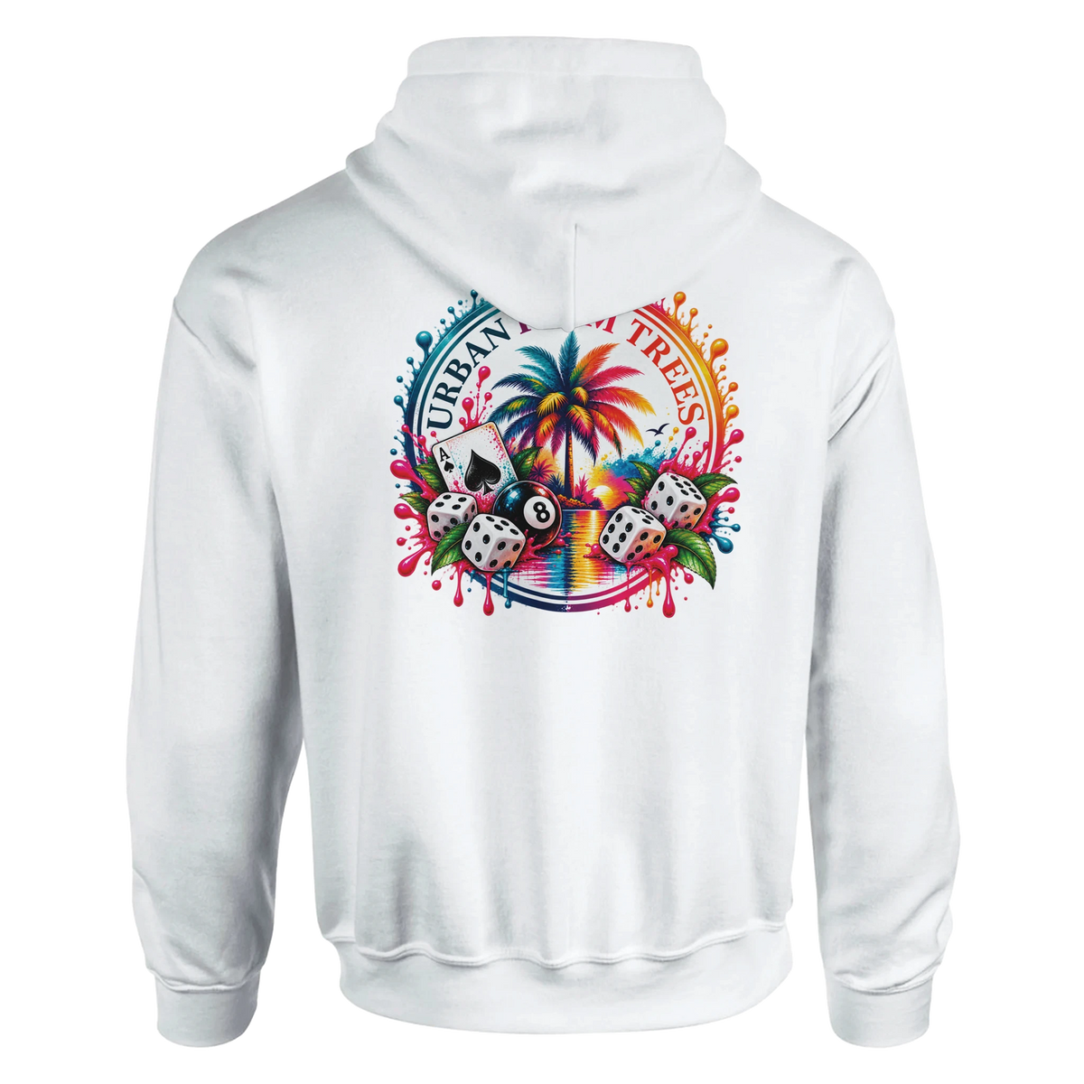White hoodie featuring colorful tropical retro back print with 8-ball, dice, ace card, and palm tree graphic.