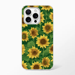 Sunflower iPhone Case 13-16 with yellow sunflowers on green leaves; slim, matte botanical cover.
