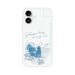Vintage Postcard iPhone Case (13-16) Santorini Holiday with blue skyline illustration on white matte finish.