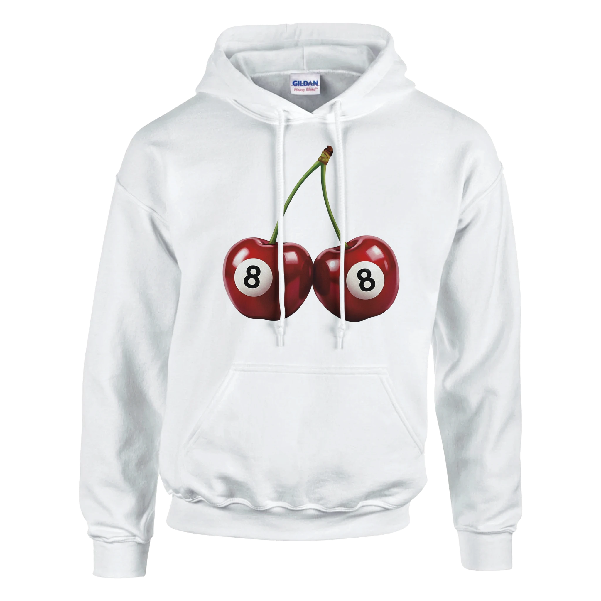 Lucky Cherries Jumper white cotton-blend hoodie with two cherries graphic resembling 8-ball pool balls.