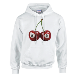 Lucky Cherries Jumper white cotton-blend hoodie with two cherries graphic resembling 8-ball pool balls.