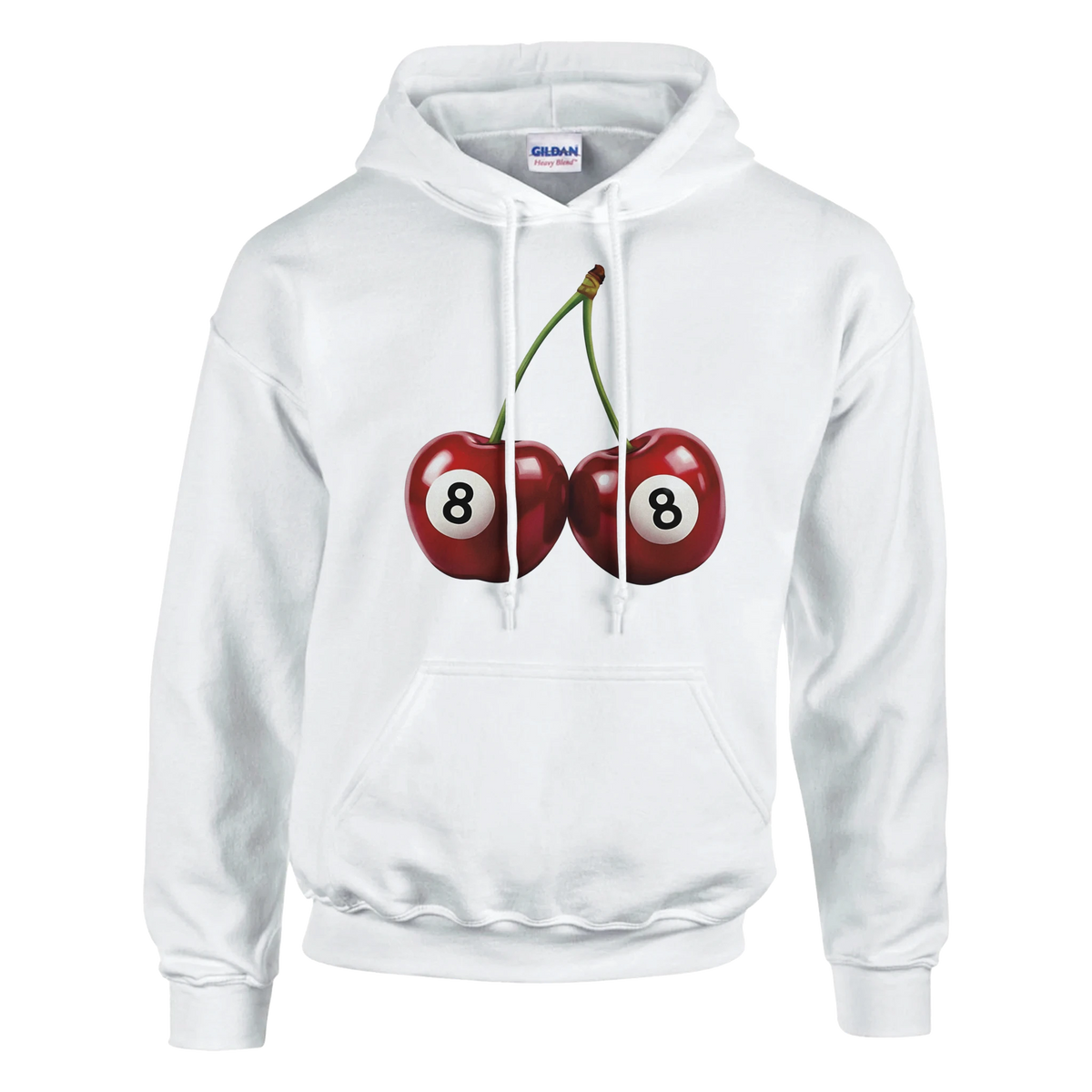Lucky Cherries Jumper white cotton-blend hoodie with two cherries graphic resembling 8-ball pool balls.