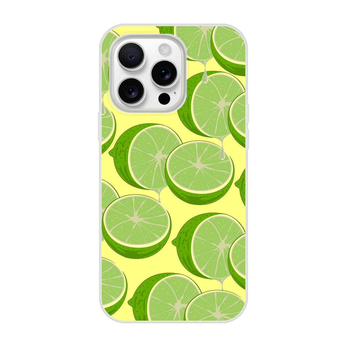 Cute Lime Slice iPhone Case (13-16) Citrus Fruit Phone Cover with lime slices on a yellow background