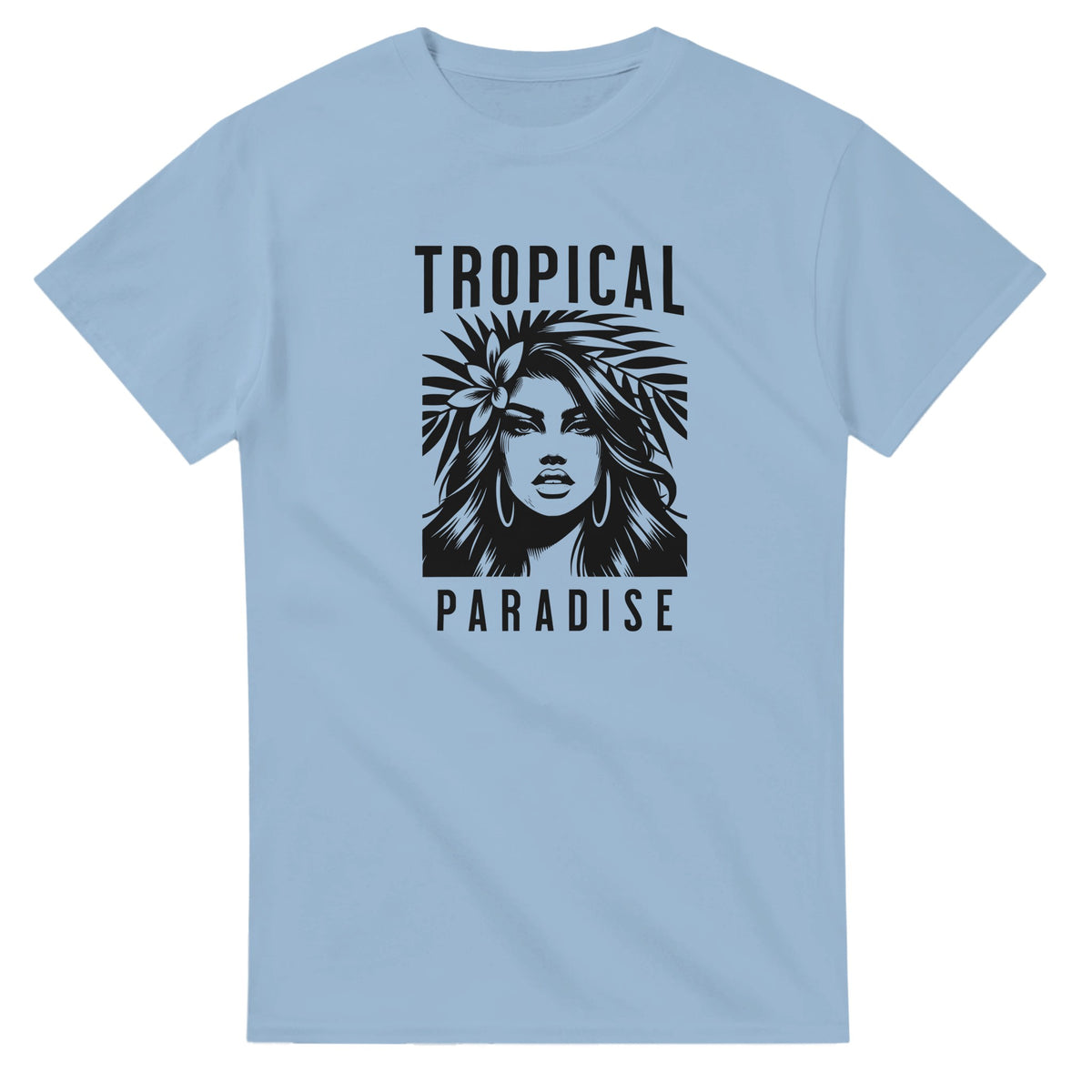 Blue women's graphic tee in soft cotton blend featuring Tropical Paradise with a woman's face and palm leaves.