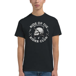 Black cotton-blend men's T-shirt featuring a skull design and Ride or Die Rider Club logo.