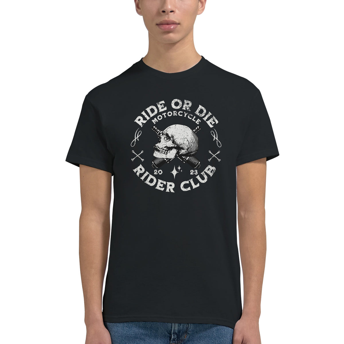 Black cotton-blend men's T-shirt featuring a skull design and Ride or Die Rider Club logo.