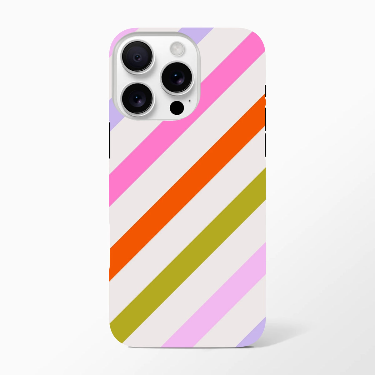 Retro colourful diagonal stripe tough iPhone case with pink, orange, and green stripes on white. Shock-absorbing保护 cover.