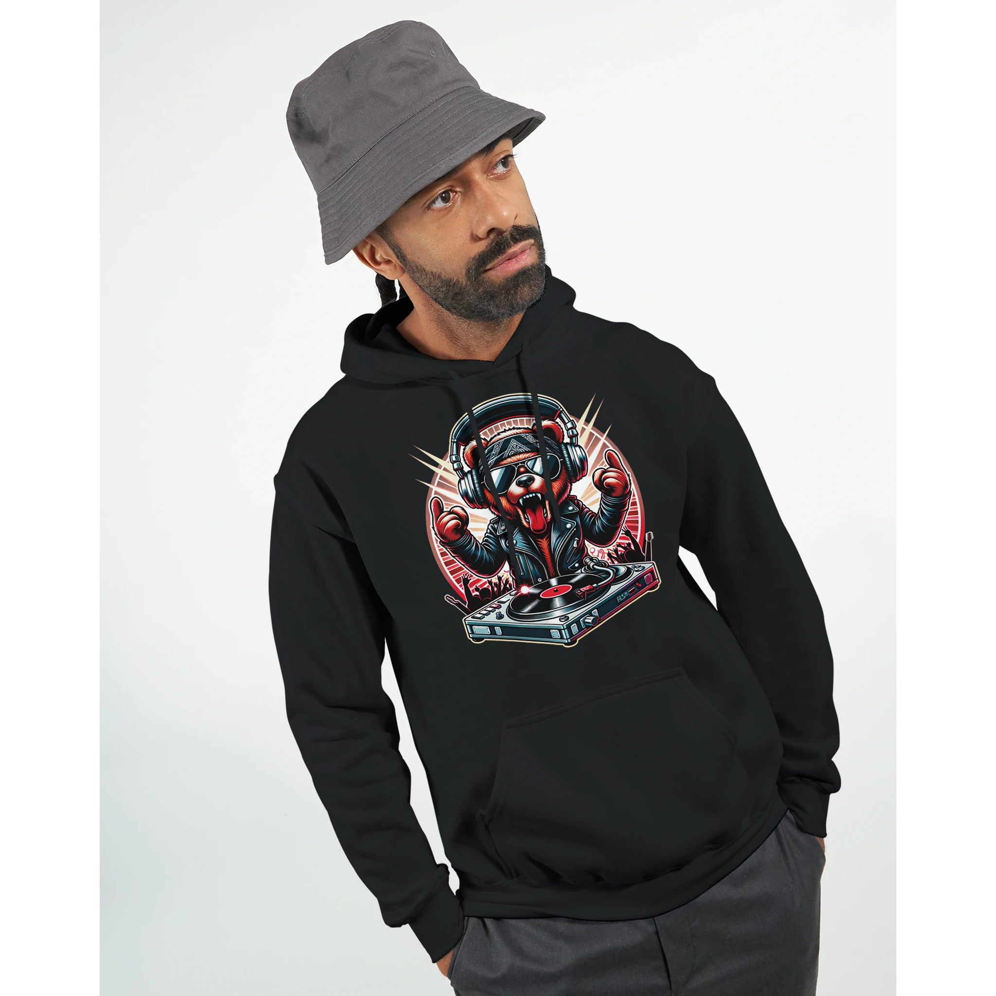 Black Men's DJ Bear Hoodie with bold DJ bear graphic on the chest; 50/50 cotton-poly blend.