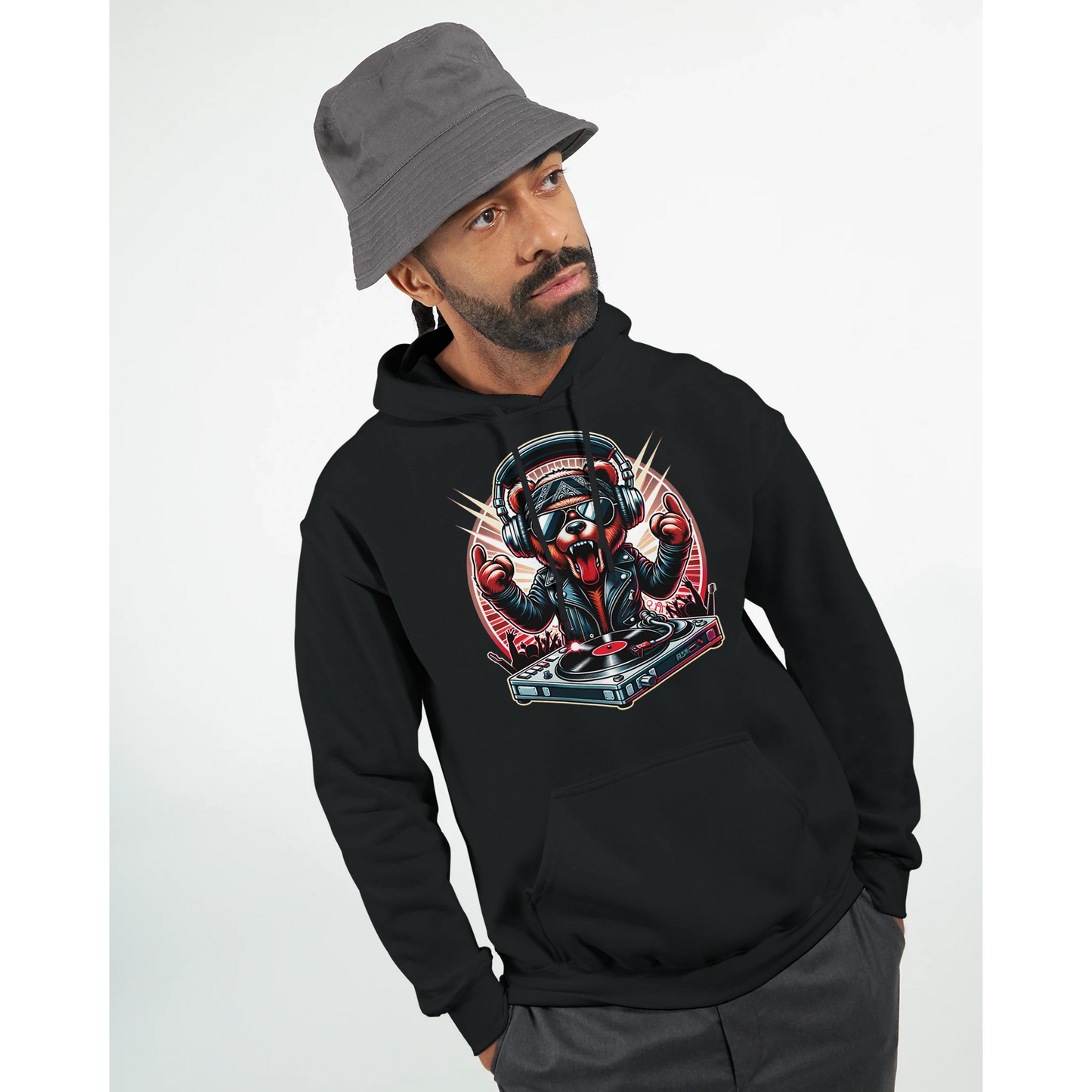 Man wearing a black men's bear hoodie with a graphic design on a white background. 8