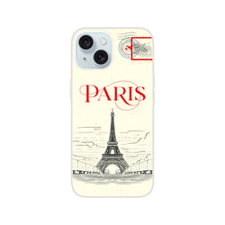 Vintage Paris postcard iPhone case with Eiffel Tower illustration and bold PARIS text