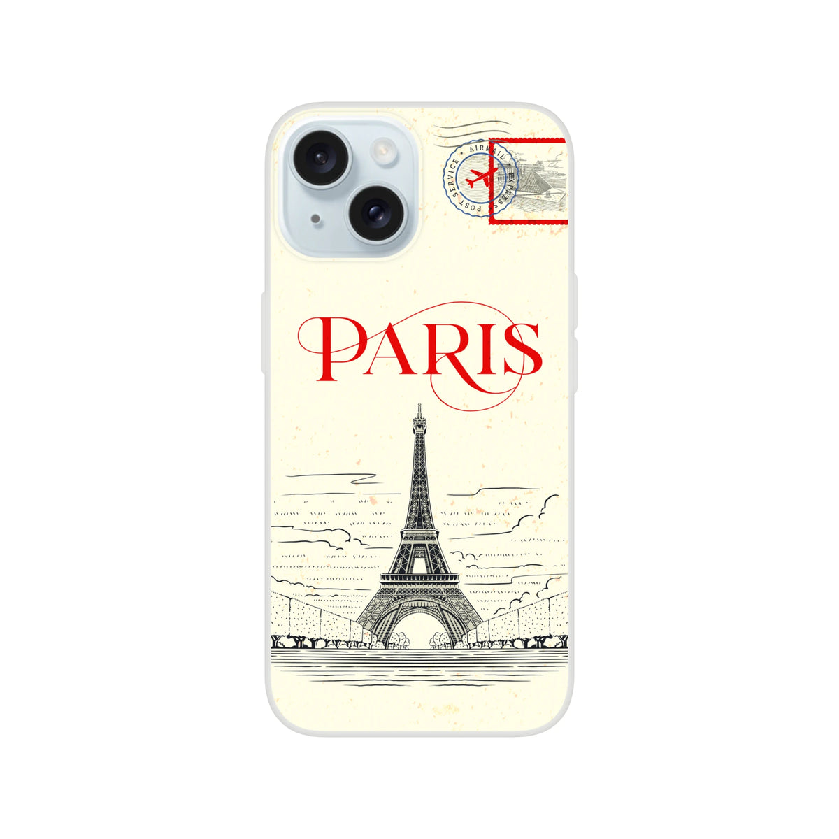 Vintage Paris postcard iPhone case with Eiffel Tower illustration and bold PARIS text