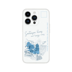 Vintage postcard Santorini iPhone case for iPhone 13-16 with blue sketch, matte finish