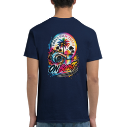 Navy t-shirt featuring colorful turbocharger and "Urban Palm Trees" graphic with "On Boost" text and retro sunset design.
