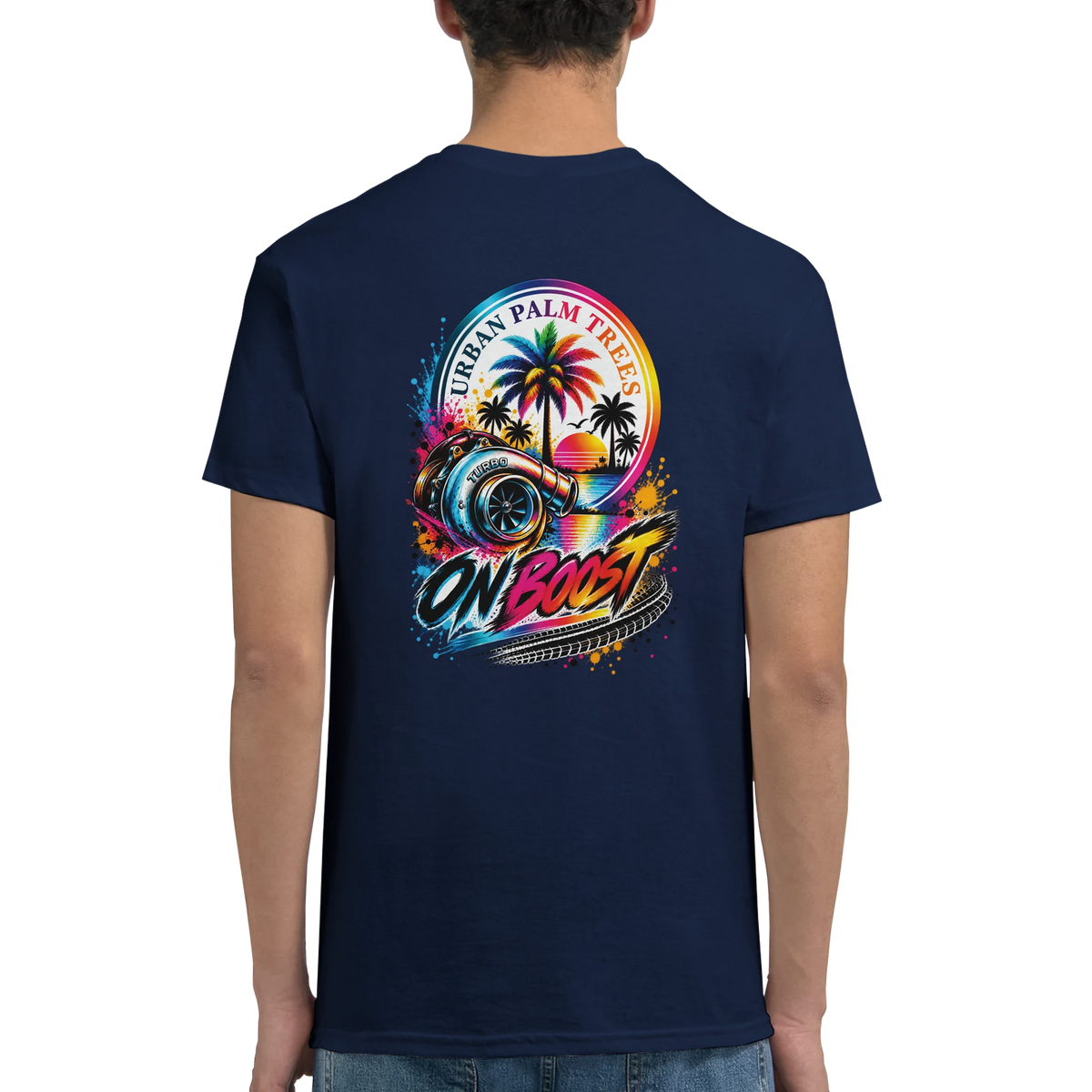 Navy t-shirt featuring colorful turbocharger and "Urban Palm Trees" graphic with "On Boost" text and retro sunset design.