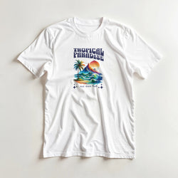 White cotton-blend T-shirt featuring Tropical Paradise graphic with palm trees, waves and a sunset.