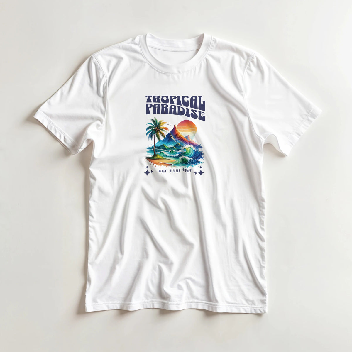 White cotton-blend T-shirt featuring Tropical Paradise graphic with palm trees, waves and a sunset.