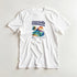 White cotton-blend T-shirt featuring Tropical Paradise graphic with palm trees, waves and a sunset.