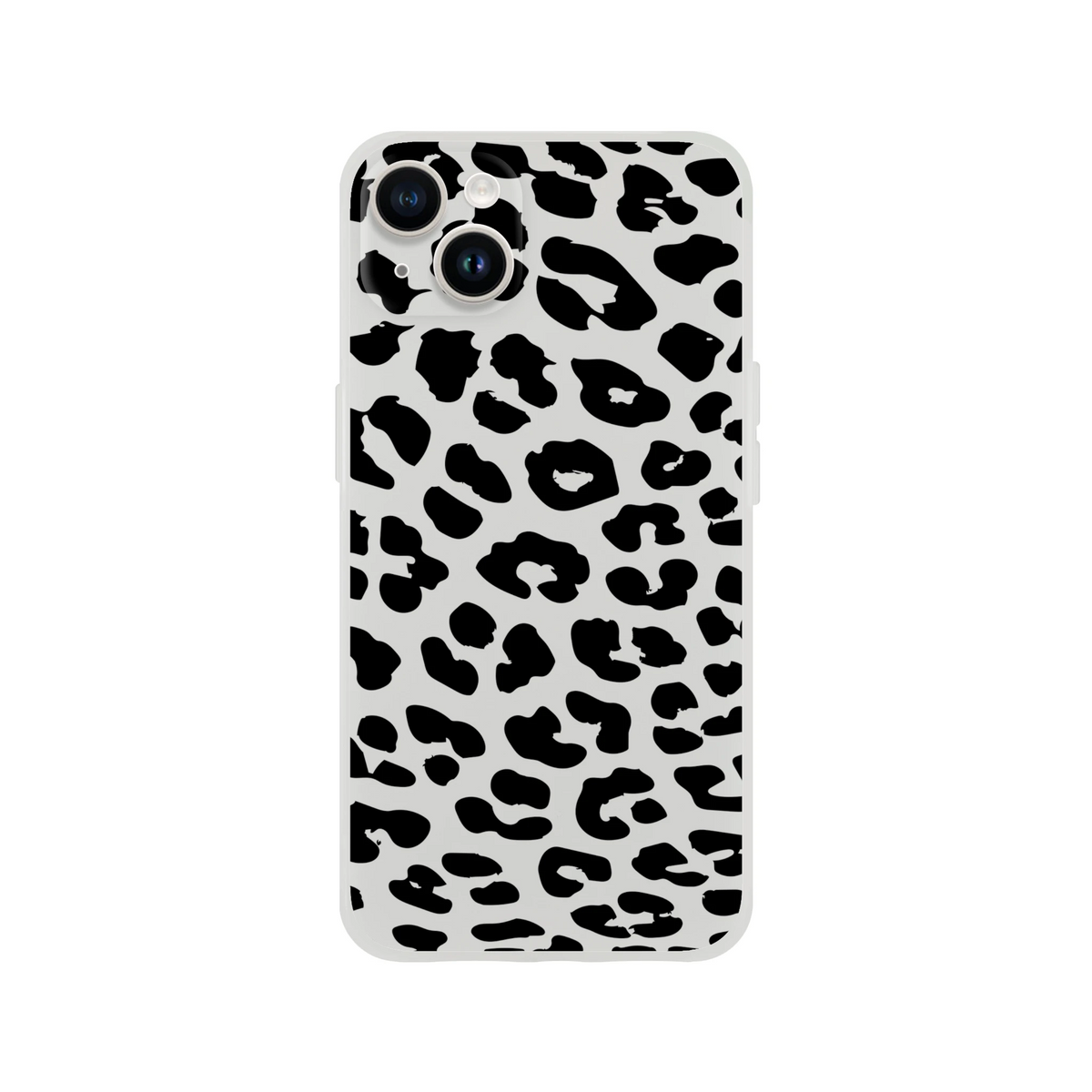 Retro Snow Leopard iPhone Case (13-16) with gray background and bold black animal spots