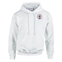 White pullover hoodie featuring a colorful retro circular palm tree graphic on the chest and a front kangaroo pocket for streetwear.