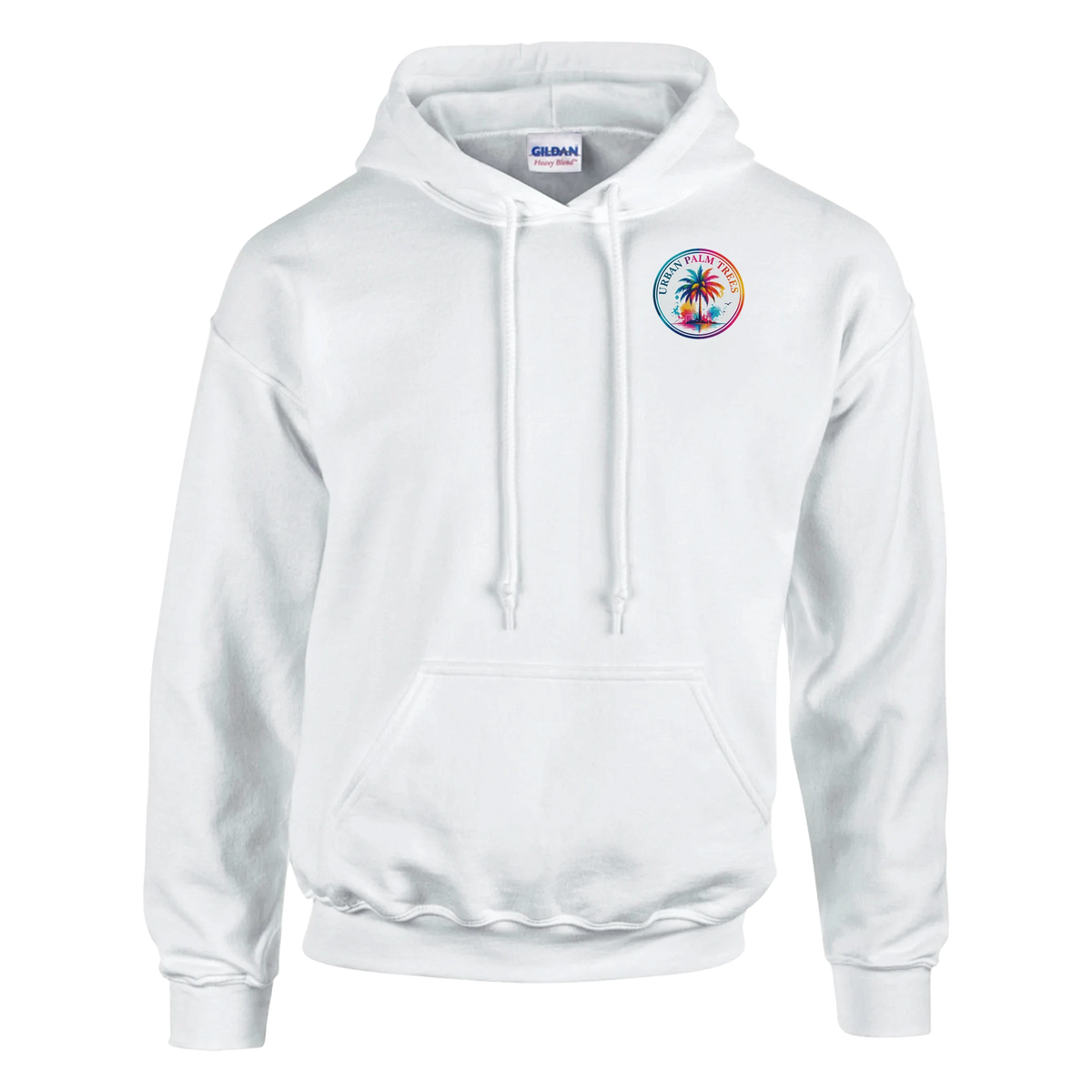 White pullover hoodie featuring a colorful retro circular palm tree graphic on the chest and a front kangaroo pocket for streetwear.