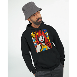 Black streetwear hoodie featuring a bold retro pop art graphic of a red-haired woman with colorful geometric shapes.