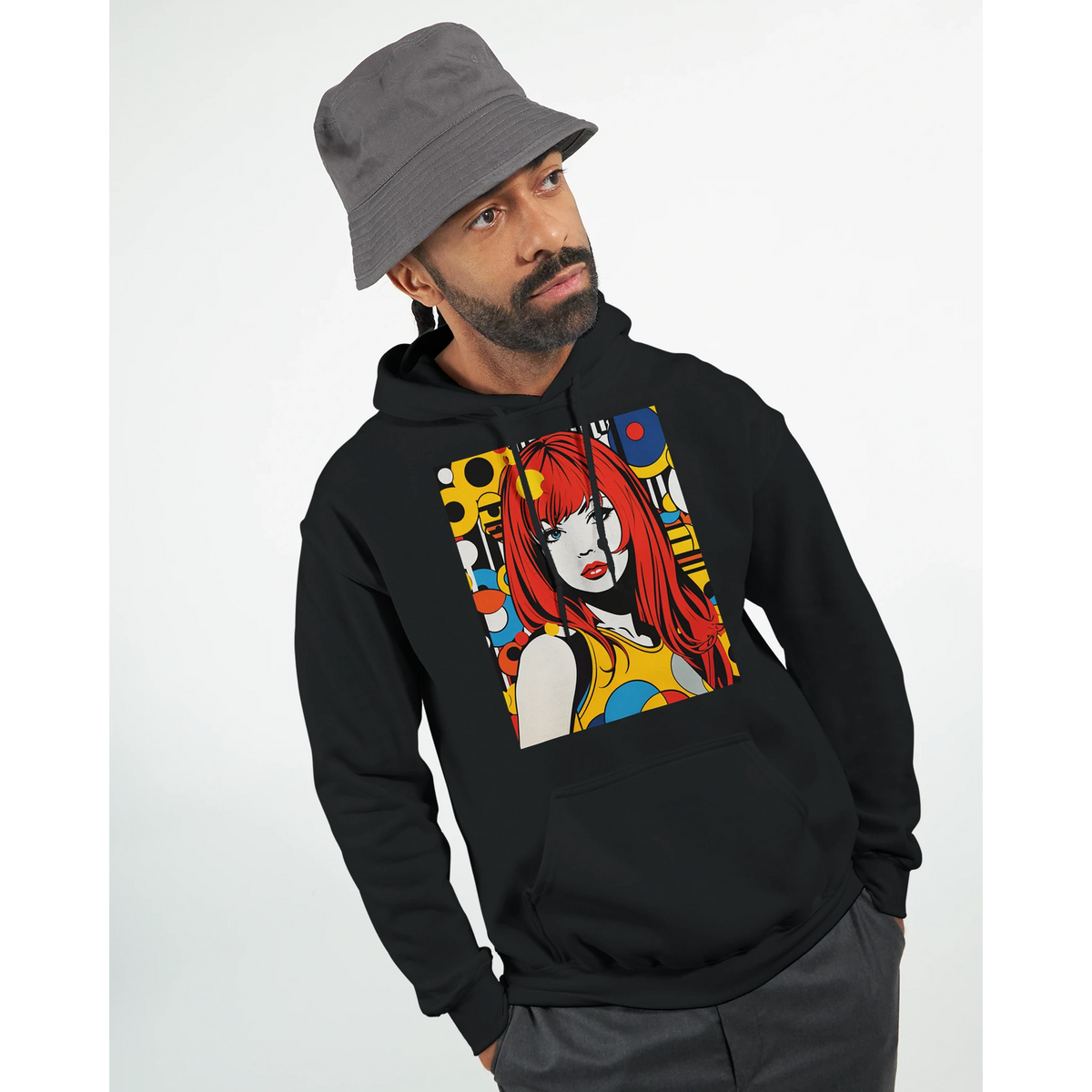 Black streetwear hoodie featuring a bold retro pop art graphic of a red-haired woman with colorful geometric shapes.