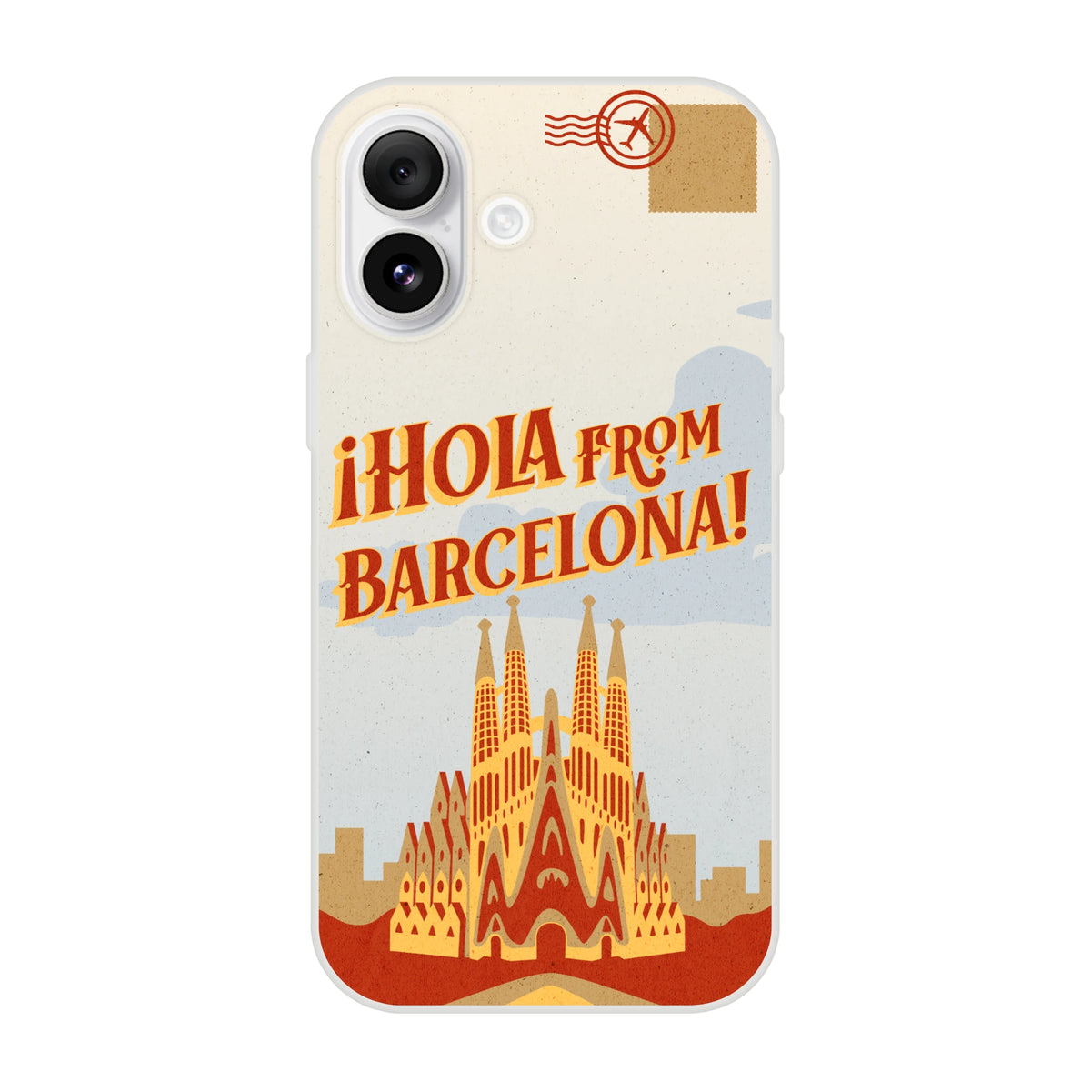 Vintage postcard Spain Barcelona iPhone case for iPhone 13-16, retro travel design with durable Flexi shell.