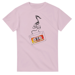 Pink women's tee featuring a vintage cassette tape graphic with unspooling tape and "90s Hits" label for a retro music aesthetic.