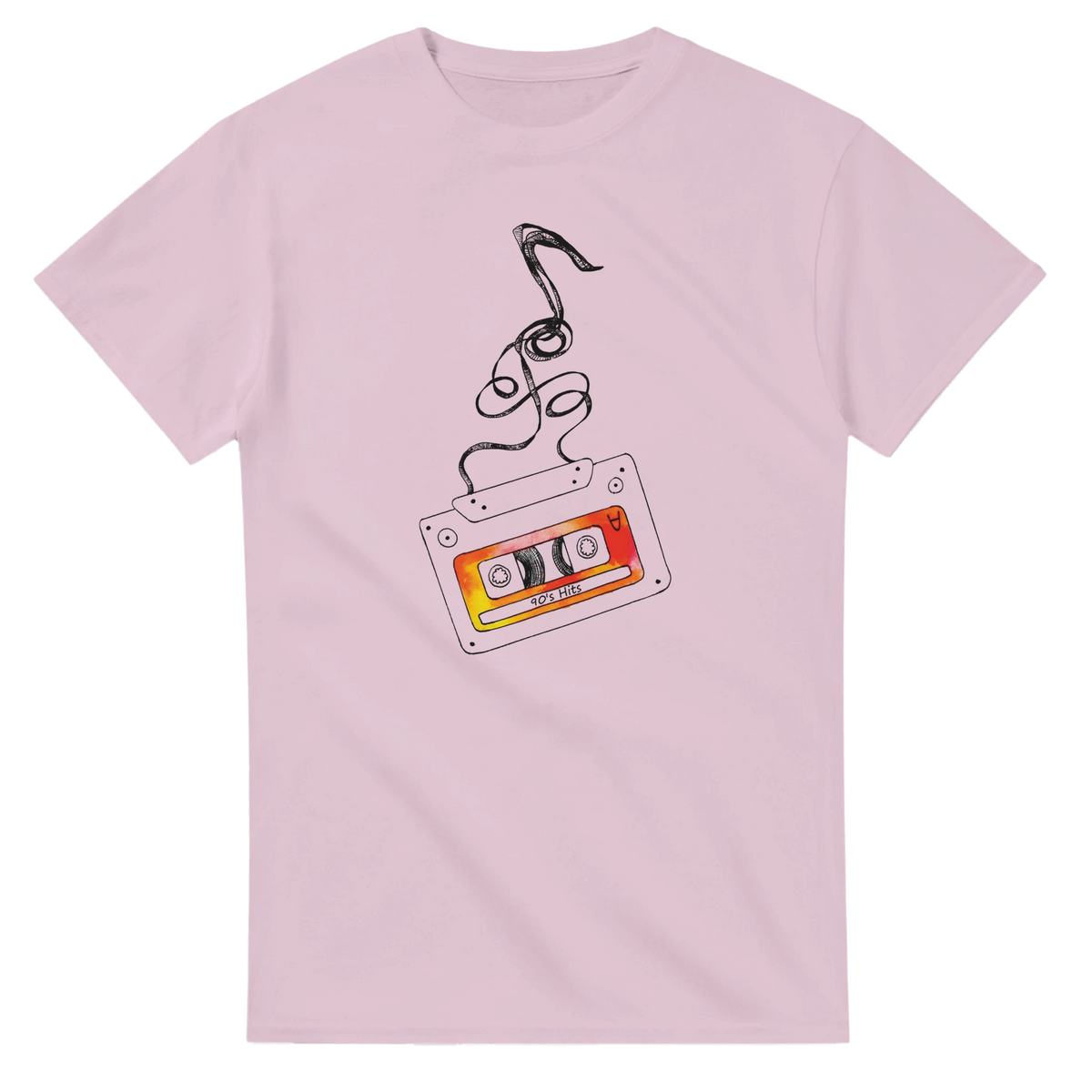 Pink women's tee featuring a vintage cassette tape graphic with unspooling tape and "90s Hits" label for a retro music aesthetic.