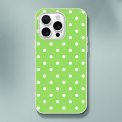 Retro green phone case with white polka dots. Shock-absorbing TPU cover for iPhone 13-16 with smooth matte finish.
