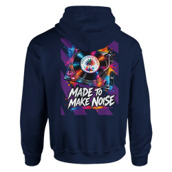 Navy hoodie featuring a colorful retro turntable graphic with spray paint effects and "Made To Make Noise" typography on the back.
