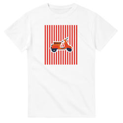White t-shirt featuring a retro orange scooter illustration against red vertical stripes for vintage mod streetwear.