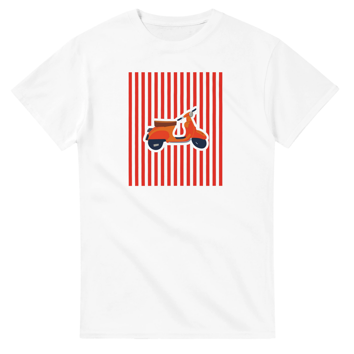 White t-shirt featuring a retro orange scooter illustration against red vertical stripes for vintage mod streetwear.
