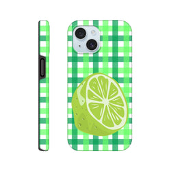 Lime gingham iPhone case featuring a citrus slice on a green and white checkered background for protective daily style.