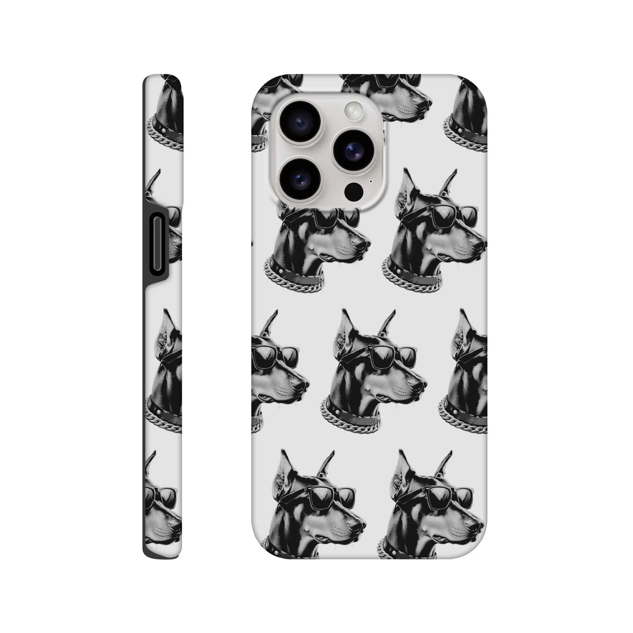 Gangster dog pattern phone case for iPhone 16/15/14/13 with dual-layer protection and wraparound print.