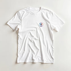 White women's T-shirt featuring a small colorful circular palm tree graphic on the chest.
