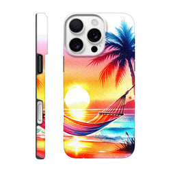 Tropical sunset iPhone case featuring a colorful palm tree and hammock design over ocean waves. Tough protective cover for daily carry.