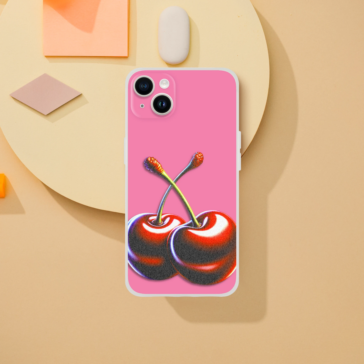 Pink Retro Cherries iPhone case for iPhone 13-16 with Y2K aesthetic cherry artwork.