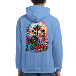 Back of light blue Fitment car hoodie featuring colorful Urban Palm Trees graphic with modified car wheel and tropical sunset design.