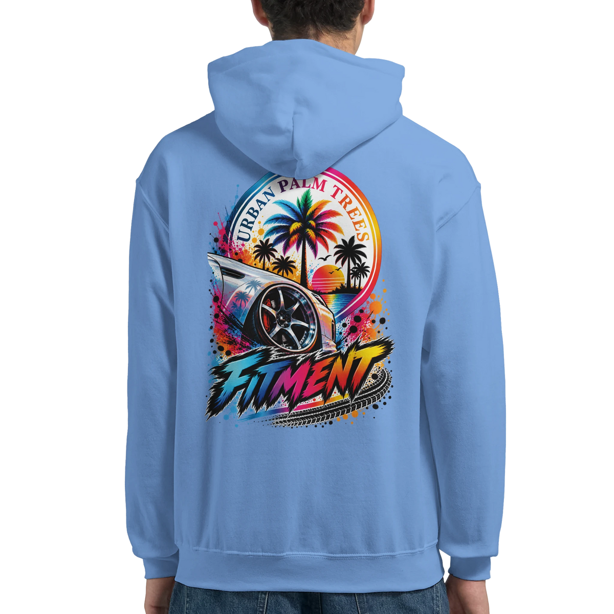 Back of light blue Fitment car hoodie featuring colorful Urban Palm Trees graphic with modified car wheel and tropical sunset design.