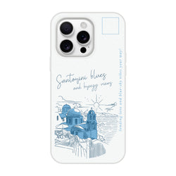 Vintage postcard Santorini iPhone case for iPhone 13-16 with blue-domed buildings on white.