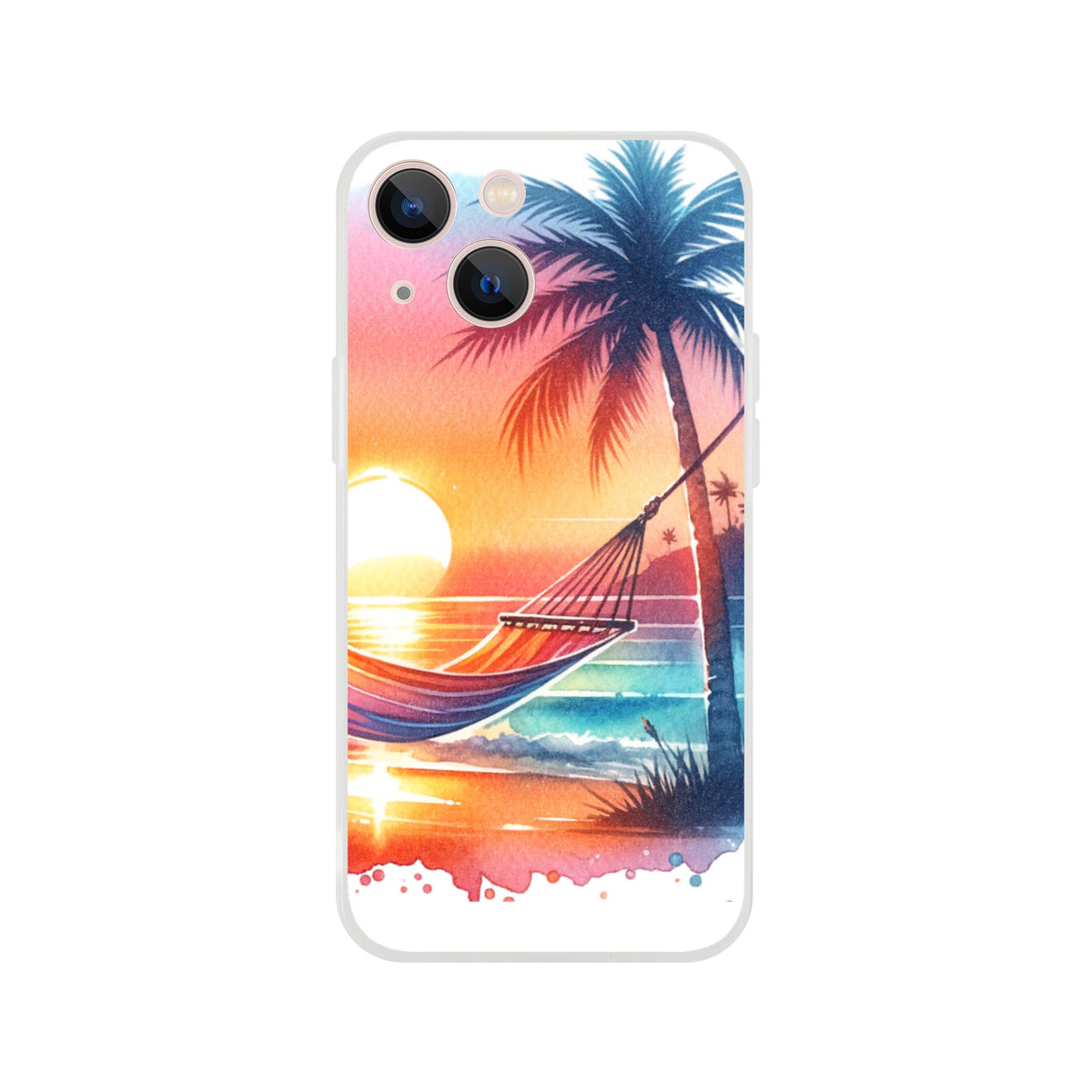 Tropical Beach Sunset iPhone Case with palm trees and hammock, slim protective cover for iPhone 16/15/14/13.